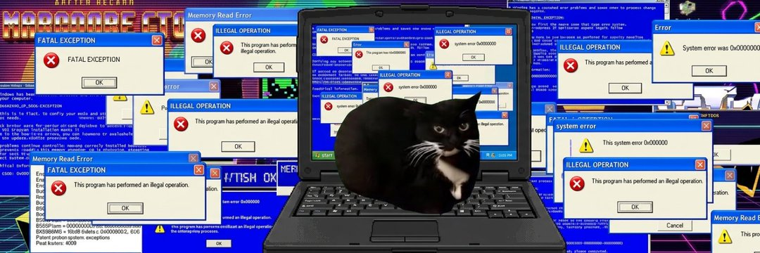 Maxwell surrounded by fake error windows on a laptop